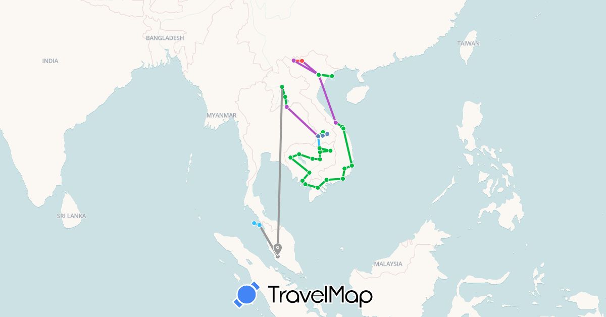 TravelMap itinerary: driving, bus, plane, cycling, train, hiking, boat in Cambodia, Laos, Malaysia, Thailand, Vietnam (Asia)